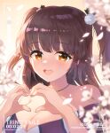  1girl :d apple_caramel artist_name bangs bare_shoulders blurry blurry_foreground blush breasts brown_eyes brown_hair cleavage collarbone commentary_request copyright_name depth_of_field eyebrows_visible_through_hair flower hands_up heart heart_hands highres idoly_pride looking_at_viewer medium_breasts off_shoulder smile solo suzumura_yuu teeth two_side_up upper_body upper_teeth white_flower 