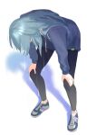  1girl absurdres bl-a-ck black_leggings commentary_request exhausted gakuen_idolmaster green_hair hands_on_own_knees highres idolmaster jacket leaning_forward leggings leggings_under_shorts long_hair shoes sneakers solo sweat track_jacket tsukimura_temari very_long_hair 