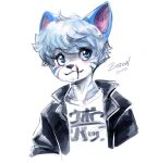  anthro bastionshadowpaw blue_eyes clothed clothing facial_scar felid hair hi_res male mammal scar simple_background solo taylor_(bastionshadowpaw) text text_on_clothing text_on_topwear topwear white_background 