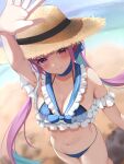  1girl absurdres aqua_hair arm_up beach bikini blue_bikini blue_choker blush breasts choker cleavage closed_mouth floating_hair frilled_bikini frills from_above hat highres hololive long_hair looking_at_viewer medium_breasts minato_aqua multicolored_hair navel ocean open_hand pink_hair sailor_collar sand smile solo stomach straw_hat swimsuit tokutokenzen twintails two-tone_hair virtual_youtuber 