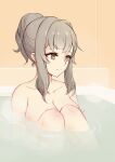  1girl bath bathing bathtub breasts brown_eyes completely_nude futaba_rio grey_hair hair_bun highres long_hair non-web_source nude seishun_buta_yarou solo 