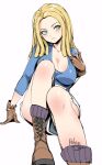 1girl anne_(sand_land) blonde_hair blue_shirt boots braid breasts cleavage gloves green_eyes legs long_hair long_sleeves relaxjon sand_land shirt shorts simple_background sitting solo white_background 