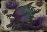  black_border border claws commentary_request dragon from_side full_body gibberish_text gore_magala highres horns kuribatake light_particles monster monster_focus monster_hunter_(series) multiple_views no_humans open_mouth paper_texture profile scales single_horn tail vial wings 