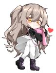  1girl ankle_boots blush boots brown_hair girls&#039;_frontline godgamesc2 grin heart leggings long_sleeves looking_at_viewer looking_back pantyhose scar scar_across_eye scar_on_face smile solo standing stuffed_animal stuffed_toy ump45_(girls&#039;_frontline) white_leggings white_pantyhose yellow_eyes 