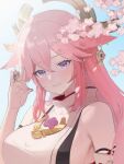  1girl animal_ears bare_shoulders blue_sky blurry branch breasts cherry_blossoms closed_mouth crossed_bangs day earrings eyeshadow fingernails flower fox_ears fox_girl fox_shadow_puppet gem genshin_impact gold_earrings gold_trim hair_between_eyes hair_ornament hand_up highres japanese_clothes jewelry large_breasts long_fingernails long_hair looking_at_viewer makeup nail_polish nontraditional_miko nuran22 outdoors pink_eyeshadow pink_flower pink_hair pink_nails purple_eyes purple_gemstone shirt sideboob sidelocks sky sleeveless sleeveless_shirt smile solo standing turtleneck upper_body white_shirt yae_miko 