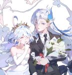  1boy 1girl ahoge black_suit blue_hair bouquet closed_eyes couple crown dress elbow_gloves english_commentary furina_(genshin_impact) genshin_impact gloves hair_between_eyes highres holding holding_another&#039;s_arm holding_bouquet light_blue_hair long_hair looking_at_viewer multicolored_hair neuvillette_(genshin_impact) open_mouth pointy_ears short_hair sidelocks simple_background sleeveless sleeveless_dress smile streaked_hair suit sweatdrop two-tone_hair wedding wedding_dress white_background white_gloves white_hair xuemen 