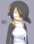  1girl black_hair black_jacket blank_eyes breasts closed_mouth commentary_request emperor_penguin_(kemono_friends) frown grey_background hair_between_eyes hair_over_one_eye headphones highres jacket kemono_friends large_breasts lets0020 long_bangs multicolored_hair numbered one-piece_swimsuit open_clothes open_jacket orange_hair shaded_face short_hair simple_background solo streaked_hair swimsuit upper_body white_one-piece_swimsuit 