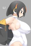  1girl black_hair black_jacket blush breasts closed_mouth commentary_request cowboy_shot emperor_penguin_(kemono_friends) grey_background headphones highres jacket jacket_partially_removed kemono_friends large_breasts lets0020 long_bangs looking_down multicolored_hair numbered one-piece_swimsuit orange_hair profile short_hair sideboob simple_background solo streaked_hair swimsuit white_one-piece_swimsuit 
