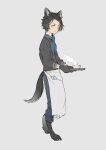  1boy animal_ears animal_feet animal_hands barefoot black_hair blue_neckerchief closed_mouth cup grey_background hair_slicked_back highres holding holding_tray kemono_fabric male_focus mogumo neckerchief orange_eyes original simple_background sleeves_rolled_up smile solo steam tail teacup tray waiter walking wolf_boy 