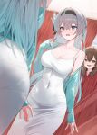  2girls absurdres alternate_costume alternate_eye_color alternate_hair_color aqua_jacket ass black_hairband blurry blurry_foreground blush breasts brown_eyes brown_hair changing_room cleavage collarbone covered_navel dongtan_dress dress embarrassed firefly_(honkai:_star_rail) grey_hair hair_between_eyes hair_ornament hairband highres honkai:_star_rail honkai_(series) huhi_(huhi_1211) jacket large_breasts long_hair looking_at_another looking_at_mirror meme_attire mirror multiple_girls nose_blush open_clothes open_jacket open_mouth purple_eyes reflection single_bare_shoulder single_off_shoulder skin_tight sleeveless sleeveless_dress sleeves_past_wrists stelle_(honkai:_star_rail) trailblazer_(honkai:_star_rail) white_dress 