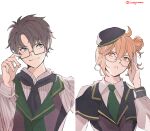  1boy 1girl adjusting_eyewear ahoge atlas_academy_school_uniform black-framed_eyewear black_hair blue_necktie capelet closed_mouth collared_shirt commentary cropped_arm fang fate/grand_order fate_(series) fujimaru_ritsuka_(female) fujimaru_ritsuka_(male) glasses green_eyes green_necktie grey_shirt hair_between_eyes hair_bun hand_up hat long_sleeves looking_at_another looking_to_the_side necktie open_mouth orange-framed_eyewear orange_hair parted_bangs purple_capelet purple_hat purple_vest school_uniform shino_(mufn5785) shirt short_hair simple_background single_hair_bun skin_fang smile striped_clothes striped_shirt twitter_username upper_body vertical-striped_clothes vertical-striped_shirt vest white_background white_shirt yellow_eyes 