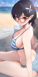  5girls absurdres ass ayane_(blue_archive) ayane_(swimsuit)_(blue_archive) bare_arms bare_legs bare_shoulders barefoot bikini black_hair blue_archive blue_shorts breasts closed_mouth day glasses hair_between_eyes halo highres hoshino_(blue_archive) hoshino_(swimsuit)_(blue_archive) looking_at_viewer medium_breasts multiple_girls nonomi_(blue_archive) nonomi_(swimsuit)_(blue_archive) outdoors pointy_ears red-framed_eyewear red_halo serika_(blue_archive) serika_(swimsuit)_(blue_archive) sezok shiroko_(blue_archive) shiroko_(swimsuit)_(blue_archive) short_hair short_shorts shorts smile solo_focus striped_bikini striped_clothes swimsuit yellow_eyes 