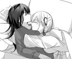  2girls blush closed_eyes closed_mouth couch cuddling greyscale hair_ornament highres inoue_takina jenjen long_hair long_sleeves lycoris_recoil lying_on_person medium_hair monochrome multiple_girls nishikigi_chisato on_couch one_side_up sleeping smile 