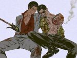  2boys after_battle bara bare_pectorals blood blood_on_clothes blood_on_face cigarette collared_shirt eyepatch facial_hair feet_out_of_frame frown genandnak goatee goatee_stubble holding holding_cigarette holding_sword holding_weapon index_finger_raised kiryu_kazuma looking_at_viewer majima_goro male_focus mature_male multiple_boys pectoral_cleavage pectorals ryuu_ga_gotoku_(series) ryuu_ga_gotoku_0 shirt short_hair smirk spread_legs stubble sword thick_eyebrows weapon yakuza yaoi 