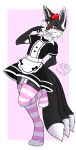  absurd_res anthro blue_eyes blush canid canine clothed clothing crossdressing digitigrade femboy fox hair hi_res legwear maid_uniform male mammal multi_tail red_hair shrapnelvargr solo stockings submissive submissive_male tail thigh_highs uniform vampybooxo 