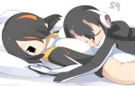  2girls between_breasts black_hair black_jacket breasts brown_eyes closed_mouth commentary_request cowboy_shot emperor_penguin_(kemono_friends) expressionless face_between_breasts gentoo_penguin_(kemono_friends) hair_between_eyes hair_over_one_eye head_between_breasts headphones jacket kemono_friends large_breasts lets0020 long_bangs lying medium_breasts multicolored_hair multiple_girls numbered on_back one-piece_swimsuit open_clothes open_jacket open_mouth orange_hair pillow pink_hair short_hair sleeping sleeping_on_person smile streaked_hair swimsuit white_one-piece_swimsuit 