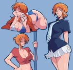  1girl absurdres alternate_costume angry arms_behind_back bikini blue_background blue_shirt breasts dentedhood hand_on_own_hip highres holding holding_staff looking_at_viewer nami_(one_piece) one_piece orange_eyes orange_hair red_shirt shirt shoulder_tattoo skirt smile staff swimsuit tattoo 