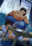  04sora40 2boys absurdres ankle_strap bara barefoot black_hair blush couple cup dutch_angle from_behind full_body happy highres hood hoodie hug long_sideburns male_focus motion_lines mug multiple_boys muscular muscular_male mutual_hug original pants pants_rolled_up short_hair shorts sideburns sparse_arm_hair table tank_top thick_eyebrows thick_leg_hair yaoi 