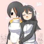 2girls 4girls :d animal_ears arm_hug black_eyes black_hair black_jacket blush breasts cat_ears cat_girl cat_tail closed_eyes closed_mouth commentary_request covered_navel cowboy_shot emperor_penguin_(kemono_friends) fennec_(kemono_friends) fox_ears fox_girl fox_tail hair_between_eyes hair_over_one_eye headphones heart humboldt_penguin_(kemono_friends) jacket kemono_friends large_breasts lets0020 long_bangs long_hair medium_bangs medium_breasts multicolored_clothes multicolored_hair multicolored_jacket multiple_girls nose_blush numbered one-piece_swimsuit open_mouth orange_hair pink_background serval_(kemono_friends) short_hair smile streaked_hair swimsuit tail two-tone_jacket white_jacket white_one-piece_swimsuit 
