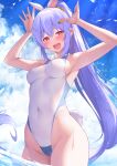  1girl :d armpits blue_hair blue_sky breasts carrot_hair_ornament cloud competition_swimsuit covered_navel day eyebrows_visible_through_hair food-themed_hair_ornament hair_ornament hands_up highleg highleg_swimsuit highres hololive looking_at_viewer medium_breasts one-piece_swimsuit partially_submerged ponytail rabbit_tail sky smile solo swimsuit tail thick_eyebrows thighs usada_pekora virtual_youtuber water white_swimsuit yoshiheihe 