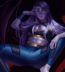  1girl abs black_background black_sports_bra blue_pants bracelet breasts chandeloor circlet cleavage closed_mouth colored_skin ear_piercing english_commentary feet_out_of_frame fingernails forehead glowing glowing_eyes hades_(series) hades_1 hand_on_own_knee highres jewelry leaning_back long_hair looking_ahead looking_at_viewer medium_breasts megaera_(hades) navel nose_piercing nose_ring orange_eyes pants piercing pink_nails purple_hair purple_skin simple_background sitting solo spiked_ear_piercing sports_bra straight_hair toned_female wings yoga_pants 
