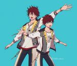  2boys amagi_hiiro amagi_rinne blue_background blue_eyes bracelet brothers ensemble_stars! jewelry long_sleeves looking_at_viewer male_focus multiple_boys necklace open_mouth red_hair short_hair siblings smile yoshi_ma62 