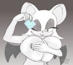  anthro bat big_breasts breasts condom_wrapper covering covering_breasts female hi_res huge_breasts jenokamui mammal nude one_eye_closed rouge_the_bat sega simple_background smile solo sonic_the_hedgehog_(series) wings wink 