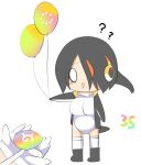  2girls ? balloon bird_tail black_footwear black_hair black_jacket blush_stickers boots captain_(kemono_friends) chibi commentary_request emperor_penguin_(kemono_friends) full_body hair_between_eyes hair_over_one_eye headphones holding holding_balloon jacket japari_symbol kemono_friends kemono_friends_3 lets0020 long_bangs multicolored_hair multiple_girls numbered o_o one-piece_swimsuit open_clothes open_jacket open_mouth orange_hair short_hair simple_background smile solo_focus standing streaked_hair swimsuit tail thighhighs triangle_mouth white_background white_one-piece_swimsuit white_thighhighs 
