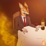  alcohol anthro beverage brown_body brown_fur canid canine canis chair clothed clothing container cup drinking_glass facial_tuft fart fart_cloud fart_fetish flatulance fur furniture gas glass glass_container glass_cup jackal jooper looking_back male mammal nails sitting solo suit surprise table tablecloth wine_bottle wine_glass 