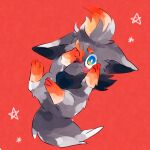 blue_eyes blush bright_pupils closed_mouth commentary_request covering_face embarrassed full_body lying no_humans on_back pokemon pokemon_(creature) pokemon_focus red_background satan_(zoroa553) simple_background solo star_(symbol) white_pupils zorua 