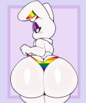  absurd_res anthro big_butt biped blush butt clothed clothing hi_res huge_butt lagomorph leporid male mammal multicolored_clothing multicolored_underwear pupils rabbit rainbow_clothing rainbow_underwear rear_view thick_thighs thong topless underwear virito white_body 