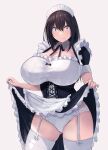  1girl apron bangs black_eyes black_hair breasts cleavage closed_mouth clothes_lift commentary_request detached_collar dress dress_lift eyebrows_visible_through_hair garter_belt garter_straps hair_between_eyes highres huge_breasts looking_at_viewer maid maid_apron maid_headdress natsuishi_nana original panties simple_background smile solo standing thighhighs underwear white_background white_legwear white_panties 