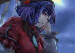  1girl arm_support cloud cloudy_sky commentary_request eneshi frilled_sleeves frills hair_between_eyes hand_on_own_cheek hand_on_own_face highres long_sleeves looking_at_viewer maple_leaf_hair_ornament medium_hair onbashira outdoors parted_lips purple_hair rain red_eyes red_shirt rope shimenawa shirt sky solo touhou upper_body white_sleeves yasaka_kanako 
