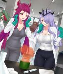  4girls alternate_costume breasts brown_hair camilla_(fire_emblem) camilla_(light_of_nohr)_(fire_emblem) chemistry commission dorothea_arnault fire_emblem fire_emblem:_three_houses fire_emblem_engage fire_emblem_fates fire_emblem_heroes green_hair highres igni_tion indoors ivy_(fire_emblem) lab_coat laboratory large_breasts multiple_girls pointy_ears purple_eyes purple_hair tiki_(adult)_(fire_emblem) tiki_(fire_emblem) 