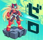  1boy android blonde_hair blue_eyes boots crop_top energy_sword faux_figurine full_body gloves helmet highres holding iikoao long_hair male_focus mega_man_(series) mega_man_zero_(series) ponytail solo sword very_long_hair weapon white_gloves z_saber zero(z)_(mega_man) zero_(mega_man) 
