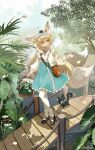  1girl :o absurdres animal animal_ear_fluff aqua_hairband aqua_skirt arknights basket black_cat black_footwear blonde_hair bridge cardigan cat chinese_commentary commentary_request day flower frilled_hairband frilled_shirt frilled_socks frills full_body green_eyes hair_between_eyes hairband heixiu highres holding holding_basket light_particles long_hair long_sleeves looking_down luo_xiaohei luo_xiaohei_zhanji magic multicolored_hair multiple_tails neck_ribbon open_cardigan open_clothes outdoors pantyhose parted_lips plant red_ribbon ribbon river shirt shoes skirt socks socks_over_pantyhose solo standing streaked_hair suzuran_(arknights) suzuran_(spring_praise)_(arknights) tail tianzekongming tree watermark weibo_logo weibo_watermark white_cardigan white_flower white_hair white_pantyhose white_shirt white_socks white_tail 