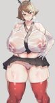  bikkii breasts cameltoe elbow_gloves gloves hand_on_own_chest hand_on_own_hip heavy_breathing kantai_collection large_breasts miniskirt mutsu_(kancolle) plump red_thighhighs see-through see-through_shirt shirt skindentation skirt steam thighhighs thong wet wet_clothes white_gloves 