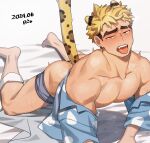  1boy animal_ears ass bara bare_pectorals blonde_hair blue_shirt boxer_briefs dated earrings eyebrow_cut fangs highres jewelry male_focus male_underwear muscular muscular_male on_bed original pectorals rio_mukiniki shirt single_earring solo sweat tail thick_eyebrows tongue tongue_out underwear yellow_eyes 