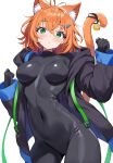  1girl :o absurdres animal_ears black_gloves black_jacket bodysuit breasts cat_ears cat_girl cat_tail commentary_request gloves green_eyes highres ichi-jirushi jacket long_sleeves looking_at_viewer medium_breasts orange_eyes original simple_background solo tail white_background 