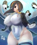  1girl :d bar_censor bird bird_tail black_hair black_jacket blush breasts brown_eyes censored commentary_request covered_navel covered_nipples cropped_jacket emperor_penguin_(kemono_friends) hair_between_eyes hair_over_one_eye headphones highres huge_breasts impossible_clothes impossible_swimsuit jacket kemono_friends lets0020 long_bangs looking_at_viewer multicolored_hair numbered one-piece_swimsuit open_clothes open_jacket open_mouth orange_hair penguin short_hair smile solo streaked_hair swimsuit tail thick_thighs thighhighs thighs water white_one-piece_swimsuit white_thighhighs 