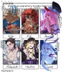  3boys 3girls absurdres aquan_error basil_hawkins black_dress black_gloves black_hair blonde_hair blue_shirt blunt_bangs card carrot_(one_piece) character_name commentary_request cross_pendant cup dracule_mihawk dress eating eustass_kid facial_hair genderswap genderswap_(mtf) gloves goatee goggles goggles_on_head hair_slicked_back hat highres hockey_mask holding holding_cup holding_plate holding_stuffed_toy killer_(one_piece) kumacy long_hair looking_at_viewer looking_to_the_side mask moon multiple_boys multiple_drawing_challenge multiple_girls one_piece open_mouth perona pink_hair plate rabbit_girl red_eyes red_hair scar scar_on_face shirt short_hair six_fanarts_challenge sleeveless sleeveless_shirt stuffed_toy sulong_form top_hat upper_body white_shirt yellow_eyes 
