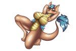  anthro big_breasts blue_hair blush breasts brown_body female foxgumie genitals green_eyes hair pussy reptile scalie simple_background solo tail white_background 