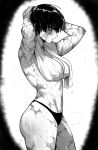  1girl absurdres black_panties breasts burn_scar greyscale highres jujutsu_kaisen masoq md5_mismatch midriff monochrome multiple_scars muscular muscular_female navel panties scar scar_on_arm scar_on_back scar_on_face scars_all_over short_hair solo steam towel underwear wet zen&#039;in_maki 
