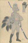  anthro big_breasts black_body black_fur breasts canid canine colored_pencil_(artwork) colored_sketch eyes_closed female fox fur genitals graphite_(artwork) grey_body grey_fur hi_res holding_object holding_weapon leg_markings lobar mammal markings mihoshi_(lobar) pussy simple_background sketch socks_(marking) solo standing traditional_media_(artwork) weapon 