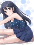  1girl ahoge black_hair blue_one-piece_swimsuit blue_skirt breasts brown_eyes casual_one-piece_swimsuit cleavage feet_out_of_frame kantai_collection kitagawa_mikio long_hair looking_at_viewer official_alternate_costume one-piece_swimsuit pleated_skirt polka_dot polka_dot_one-piece_swimsuit polka_dot_swimsuit skirt solo stretching swimsuit ushio_(kancolle) ushio_(swimsuit_mode)_(kancolle) 