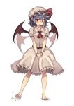  1girl :o ascot bare_legs barefoot bat_wings blue_hair blush brown_eyes dress feet frilled_dress frilled_sleeves frills hat highres legs mob_cap pointy_ears red_ascot red_ribbon remilia_scarlet ribbon seika_okawari short_sleeves tapping_foot toes touhou white_dress wings 