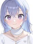  1girl blue_hair blush breasts cleavage collarbone detached_collar highres idolmaster idolmaster_shiny_colors jewelry long_hair looking_at_viewer necklace portrait purple_eyes shirt simple_background smile solo straight_hair suzuki_hana white_background white_shirt yumeme_818 