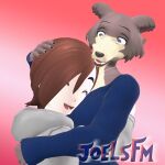  3d_(artwork) anthro beastars canid canine canis clothed clothing digital_media_(artwork) duo eyes_closed female hand_on_head happy hi_res hug hugging_another human humanoid jewelry joelsfm juno_(beastars) looking_at_another male male/female mammal necklace open_mouth self_insert source_filmmaker_(artwork) wolf 