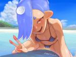  1girl bare_shoulders beach bikini blue_hair blue_sky breasts cloud cloudy_sky day looking_at_viewer open_mouth outdoors red_eyes shiver_(splatoon) sky small_breasts smile solo splatoon_(series) splatoon_3 spread_legs suction_cups swimsuit tanukichikushin tentacle_hair twitter_username v 