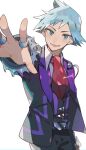  1boy :d belt belt_buckle buckle collared_shirt commentary_request highres jacket jewelry kawasaki_(kwsk_8765) long_sleeves looking_at_viewer male_focus necktie open_mouth outstretched_arm pants pokemon pokemon_oras red_necktie ring shirt short_hair smile solo spiked_hair steven_stone vest white_background 